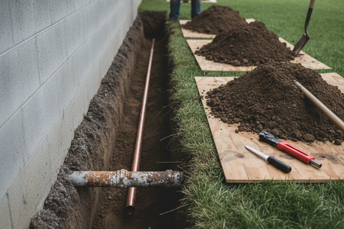 Excavated water line trench during Water Softener Installation in Sheridan